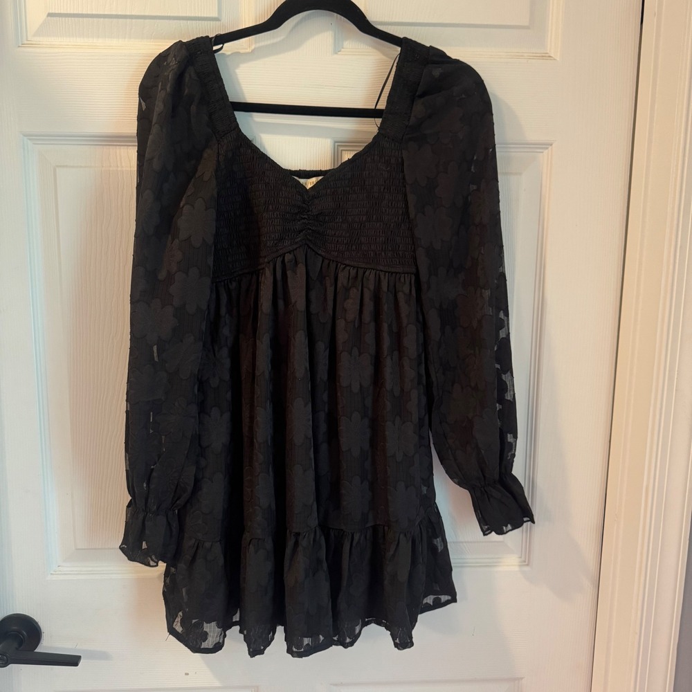 Thirty Thirty LA Mini Dress Womens sz M Black Floral Burnout Smocked Puff Sleeve